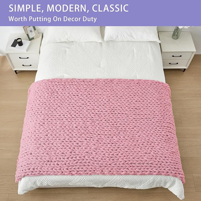 Bigacogo Chunky Knit Throw Blanket for Couch, 40x80 inches, Blush Pink | Hand Knit with Jumbo Chenille, Soft Breathable Cable Knit for Sofa Bed Living Room, Machine Washable, Gift for Mom Friend