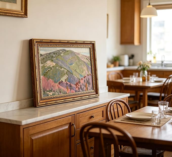 Vintage Gold Framed Canvas Wall Art Abstract Mountain Landscape Painting Picture Wall Decor Retro Nature Pastel Hills Poster Print Artwork for Living room Bedroom Home Decoration
