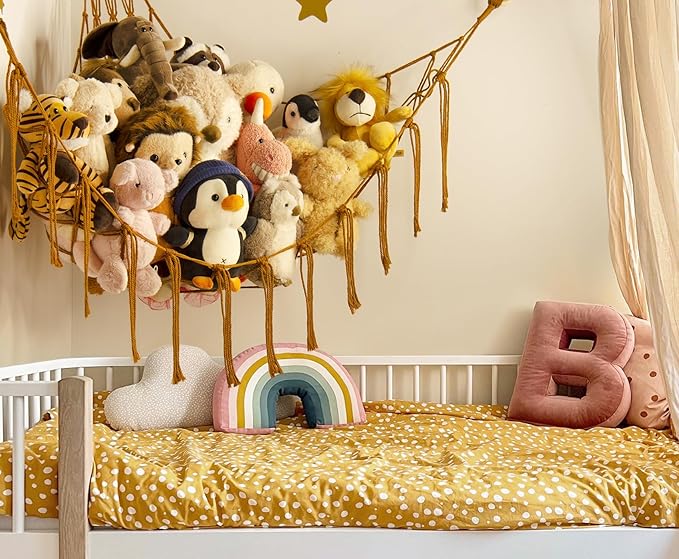 Stuffed Animal Hammock-Large Stuffed Animal Net For Toys Corner-Hanging Stuff Animal Toy Storage Organizer For Plush Plushie Display Caramel Toy Storage Girl Room Bedroom Boho Nursery Decor