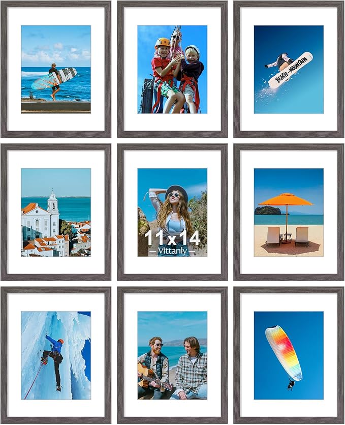 Vittanly 11x14 Picture Frames Set of 9 for Wall Mounting, Dark Grey | Display Pictures 8x10 with Mat or 11x14 without Mat, Engineered Wood with Shatter Resistant Plexiglass, Gallery Photo Frames