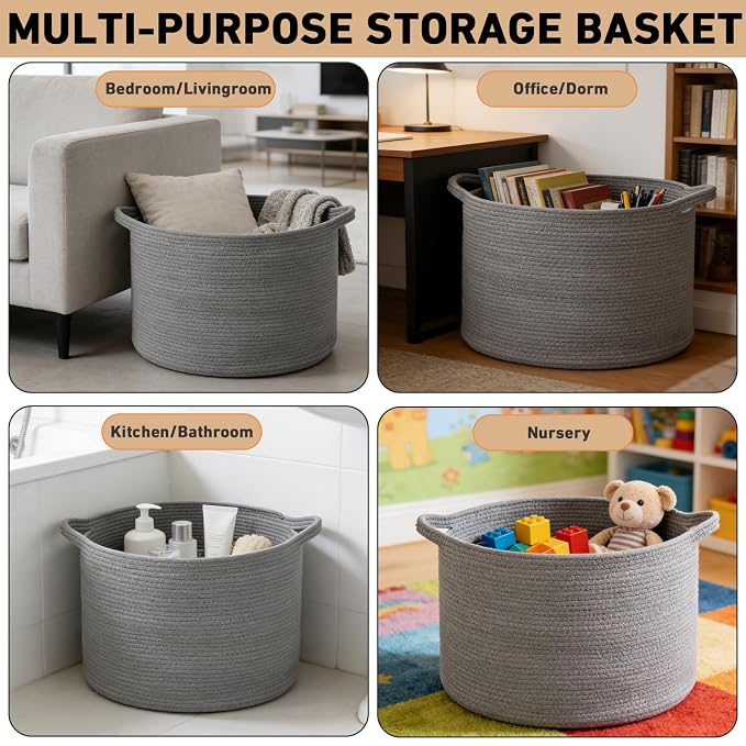 115L Extra Large Blanket Basket,Woven Rope Laundry Basket-Dark Grey | Collapsible, reinforced handles, nursery storage bin organizes clothes, toys and pillows for living room, bedroom bathroom.