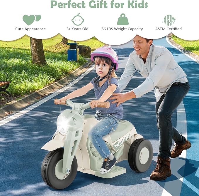 Honey Joy Ride On Motorcycle,6V Toddler Motorcycle with Bubble Maker,LED Light,Music,Foot Pedal,Forward/Backward,3-Wheel Battery Powered Electric Motorcycle for Kids,Gift for Boys Girls (Beige)