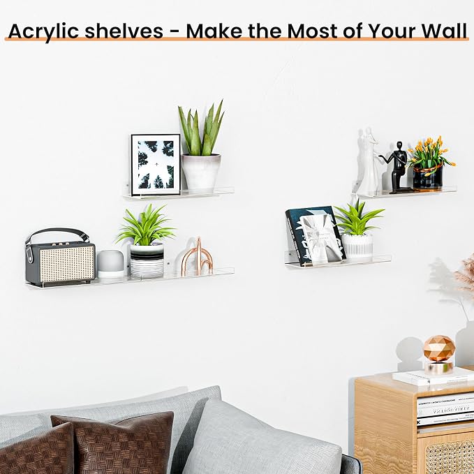 upsimples 15" x 6" Acrylic Shelves for Wall Storage and Organizer, 4 Pcs | Versatile Floating Shelf for Skincare, Bag, Wall Organizer for Bathroom, Bedroom, Living Room, Kitchen, Playroom, Room Décor