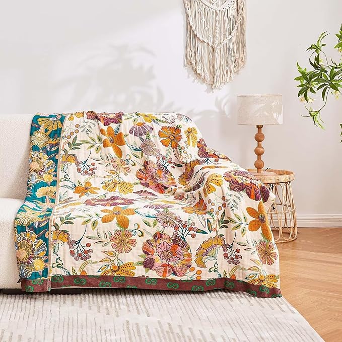 XIBLC Boho Throw Blanket, 100% Cotton Ultra Soft Luxury Throw Rustic Quilt, 60"x80" Floral Printed Farmhouse Decor Bed Summer Blankets, All Season Rustic Reversible Bohemian Throw for Bed - White