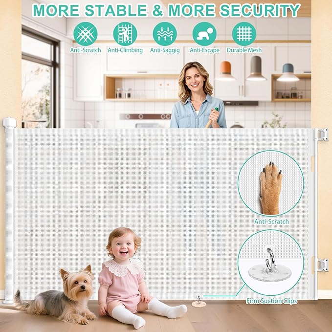 EZIGO Retractable Baby Gates Extra Wide Baby Gate for Large Opening Extra Long Mesh Gate for Kids or Pet Dog Gate Child Safety Gate for Stairs Hallways Doorway Indoor Outdoor (White, 41" X 55")