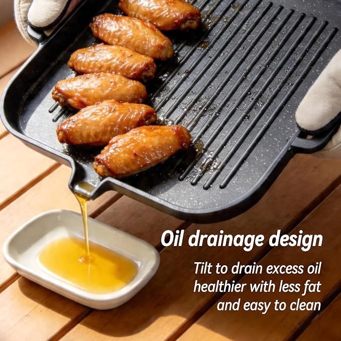 Nonstick Korean BBQ Grill Pan, Square | Marble nonstick square griddle for 3-5, fits gas,induction,stovetop, oil drain, gloves, easy clean BBQ, indoor