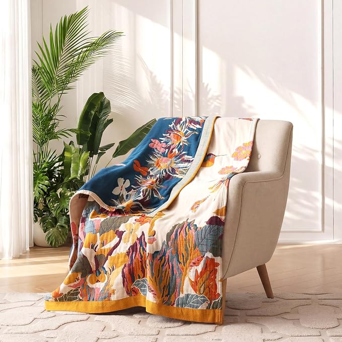 LUTBM Boho Throw Blanket for Couch 50"x60", 100% Cotton Summer Bed Blankets | Reversible Floral Butterfly Jacquard, All-Season, For Chair Sofa Living Room, Lightweight & Breathable Gauze, Bohemian Decor
