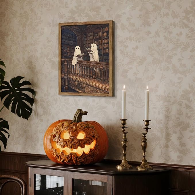 Framed Halloween Ghost Wall Art, Vintage Cute Ghost Reading Canvas Wall Decor Paintings, Dark Academia Book Artwork Poster Print Picture for Library Bedroom Living Room 16x24 Inch