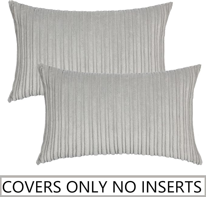 UGASA Pack of 2, Velvet Pillow Covers Striped, Soft Textured Throw Cushion Case Set, Accent Corduroy Lumbar Pillowcases with Hidden Zipper for Home Decor Indoor Outdoor (12"x20", Light Grey)