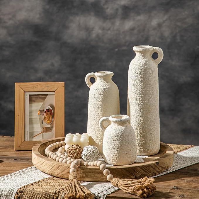 White Ceramic Vase Set of 3, Modern Rustic Flower Vases, Matte White Bohemian Decor, Farmhouse Home Decor for Living Room Kitchen Table Centerpieces Bedroom Shelf