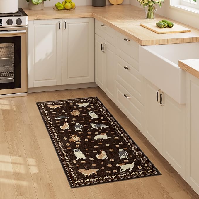 DUKINO 2x4 Rug Runner, Washable Dog Bathroom Rug Soft Non Slip, Brown | Low Pile, Non-Shedding, Stain Resistant, Indoor Animal Carpet Runner for Kitchen Entryway Hallway Laundry Farmhouse Bedroom