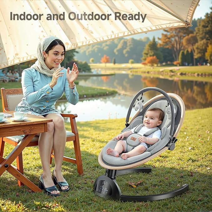 Electric Baby Swings for Infants, Infant Swing with Music Speaker, 3 Seat Positions, 5 Speeds and Remote Control for Newborn Boy Girl, Indoor & Outdoor Use, Black