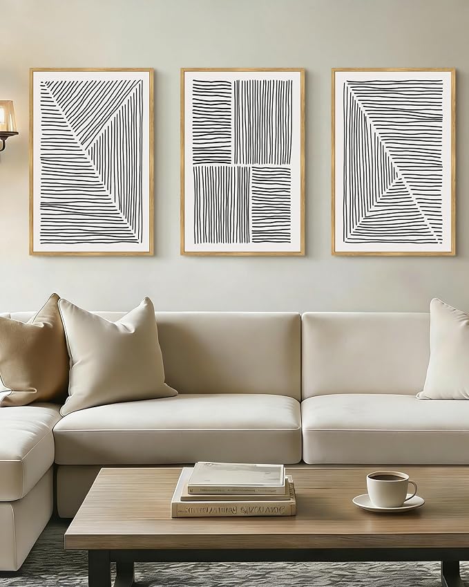 Drsoum Mid-Century Modern Framed Wall Art Large 16x24in Minimalist Abstract Boho Black Line Wall Decor Geometric Artwork Kitchen Dining Room Natural Framed