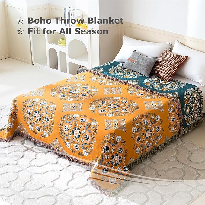 LUTBM Boho Throw Blanket for Bed 60"x80", 100% Cotton Yellow Couch Blankets | Reversible Floral Jacquard, Soft All-Season Twin Quilt, For Chair Sofa Living Room Decor, Lightweight Breathable, Women Gift
