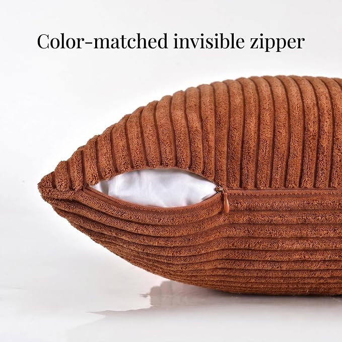 Fancy Homi 2 Packs Rust Lumbar Decorative Throw Pillow Covers 20x28 Inch for Couch Bed Sofa, Rustic Farmhouse Boho Home Decor, Soft Striped Corduroy Rectangle Accent Terracotta Cushion Case 50x70 cm