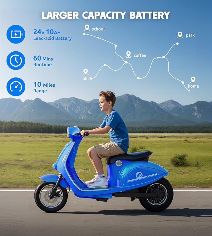 Kids Motorcycle, 2 Wheel Electric Motorcycle for Boys Ages 8-14, 24V Ride on Toys with Music, Story, Headlight, 3 Speed Options, Up to 60min Ride Time, for Riders up to 143 lbs, Easy Assemble, Blue