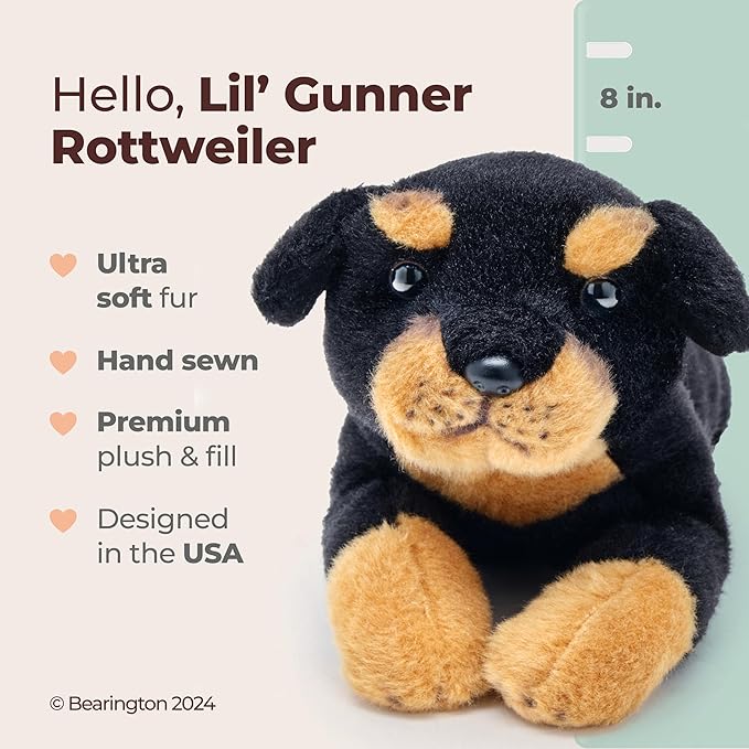 Bearington Lil' Gunner Rottweiler Plush Dog - 8" Adorable Realistic Rottweiler Toy with Soft Fur and Huggable Body - Small Cuddly Puppy Plushie for All Ages for Kids, Adults and Dog Lovers