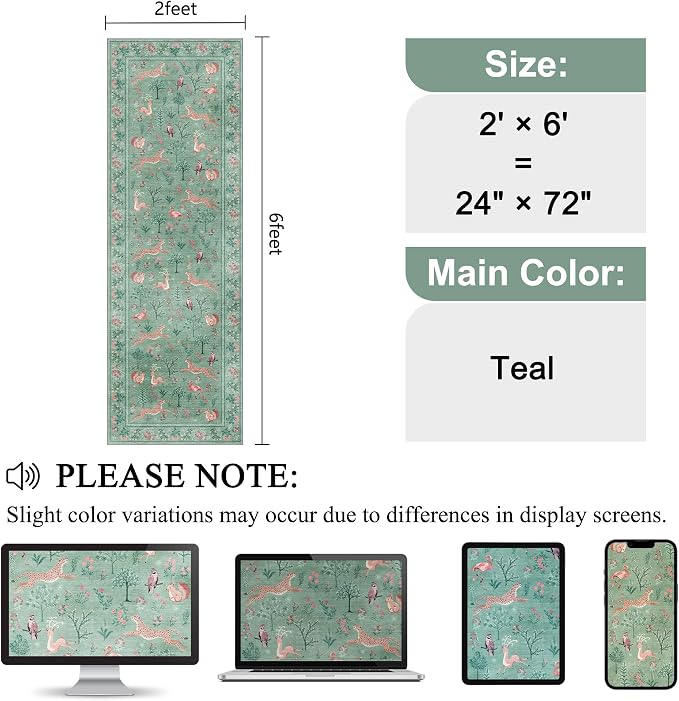 DUKINO 2x6 Runner Rug, Washable Animal Kitchen Rugs Non Slip, Teal | Soft, Low Pile, Stain Resistant Indoor Carpet for Hallway, Entryway, Bedroom, Bathroom, Laundry,Pet Friendly, Lightweight