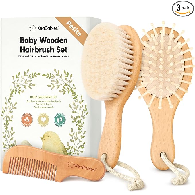 Wooden Baby Hair Brush Set for Newborns, Toddlers - Soft Goat Bristle Baby Brush and Comb Set Newborn Grooming Kit for Cradle Cap Care, Durable & Gentle, Boy, Girl Infant Essentials (Petite, Walnut)