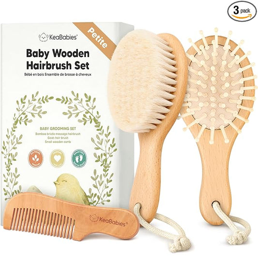 Wooden Baby Hair Brush Set for Newborns, Toddlers - Soft Goat Bristle Baby Brush and Comb Set Newborn Grooming Kit for Cradle Cap Care, Durable & Gentle, Boy, Girl Infant Essentials (Petite, Walnut)