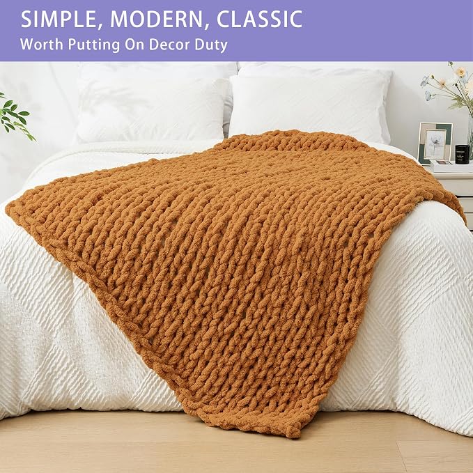 Bigacogo Chunky Knit Throw Blanket for Couch, 40x60 inches, Burnt Orange | Hand Knit with Jumbo Chenille, Soft Breathable Cable Knit for Sofa Bed Living Room, Machine Washable, Gift for Mom Friend