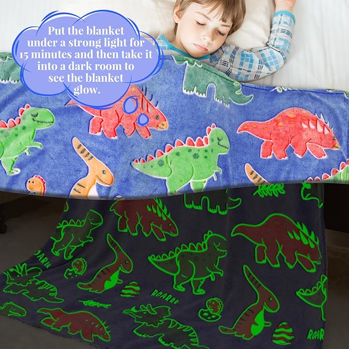 Twin Size Glow in The Dark Dinosaur Blanket - Extra Large Soft Dino Throw for Kids Teens, Boys Girls Bedroom Decor, Gift for Birthdays Christmas