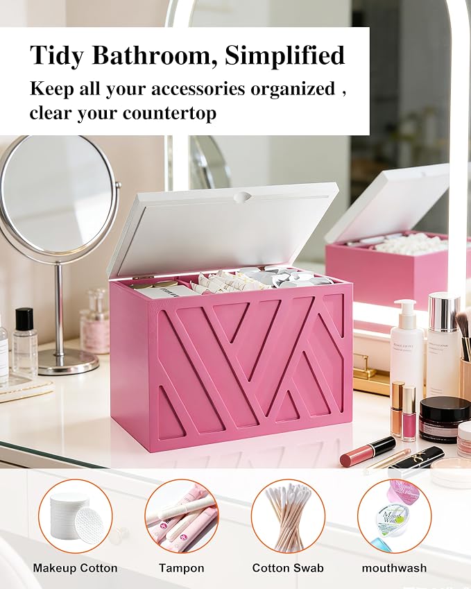 Tampon Holder for Bathroom Decor Feminine Product Organizer With Lid Shark Week Box Wooden Pad Girl Stuff Box (BLACK, lid) (1, PINK)