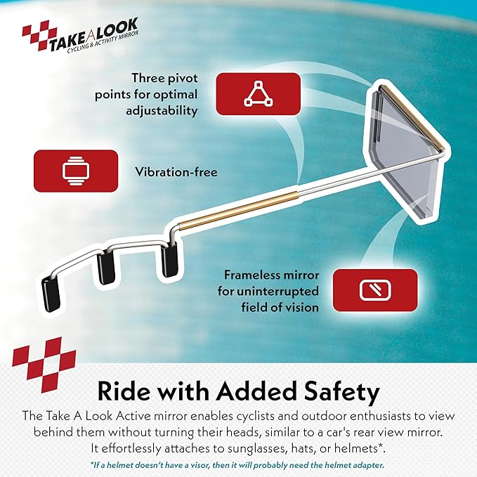 Take A Look Cycling Mirror – Low-Tech Rearview Mirror for Bikes – Fits Helmet & Sunglasses – Shatter-Resistant Polycarbonate Lens, Anti-Vibration Stainless-Steel & Brass, Always On (Left-Side)