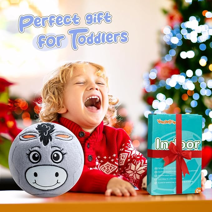 Silent Indoor Soccer Balls for Toddlers, Inflatable Soft Plush Baby Toddler Soccer Ball Toys Gifts for 0+Year Old Boy Girl First Birthday Gift (Donkey, Pump Include)