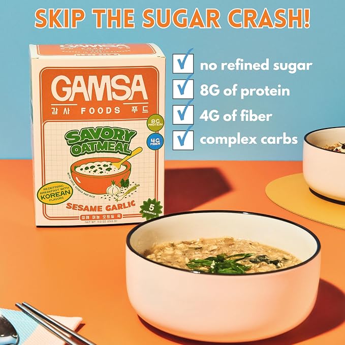 Gamsa Savory Instant Oatmeal - Sesame Garlic, Premium Instant Korean-Inspired Hot Cereal with Sesame & Garlic, Nourishing & Satisfying Breakfast, Meal or Snack, Low Sugar, 5-Pack
