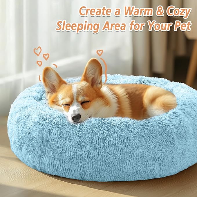 JOLLYVOGUE Medium Calming Dog Bed, Anti-Anxiety Donut Cuddler Cat Bed with Anti-Slip Bottom, Fluffy Faux Fur Machine Washable Pet Cushion for Medium Large Dog & Cat (31")