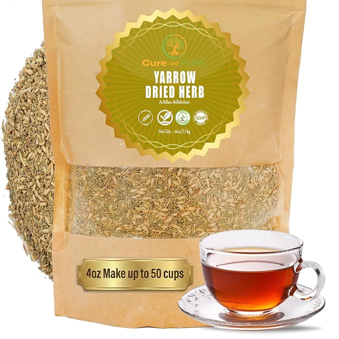Cure wid Pure Organic Dried Yarrow Herb - 4 oz Non-GMO Cut & Sifted Yarrow Flower - Organic Yarrow Tea for Wellbeing