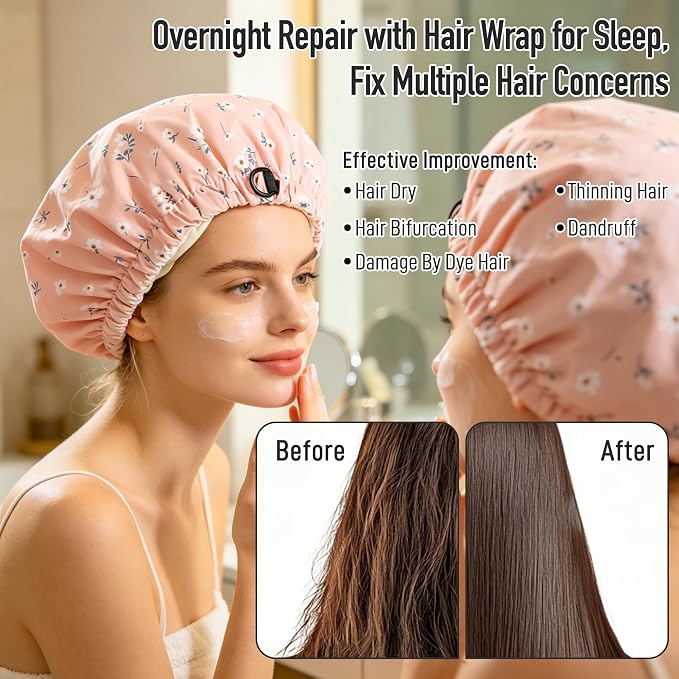 Castor Oil Pack Wrap Organic Cotton for Hair Growth, Overnight Hair Wrap for Sleep, Reusable Hair Mask Cap for Castor Oil Treatment of Balding,Thinning Dry and Damaged Hair(Oil Not Included) Flowers,M