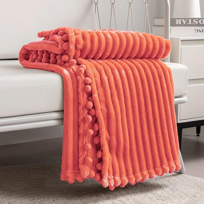 DISSA Fleece Blanket Twin Size – 60x80, Coral - Soft, Plush, Fluffy, Fuzzy, Warm, Cozy – Perfect Throw for Couch, Bed, Sofa - with Pompom Fringe - Flannel Blanket