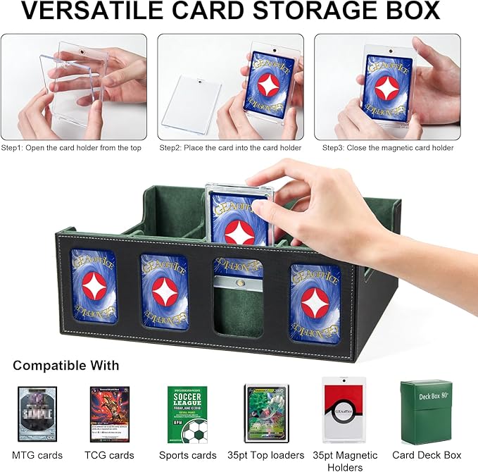 GEAoffice Trading Card Storage Box with Commander Display, 3200+ Card Deck Case with Magnetic Removable Lid, 4-Row Deck Box for MTG/TCG/Sports/Games, 10 Stoppers, 24 Dividers, 1 Dice Tray, Black Green
