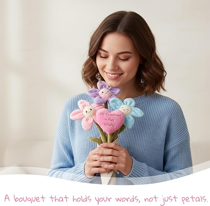 June Garden 17" Plush Flower Bouquet with Customizable Heart – 3 Soft Plush Flowers with Bendable Stems – Personalized Embroidered Gift for Valentine’s Day, Anniversary, Birthday, or Home Décor