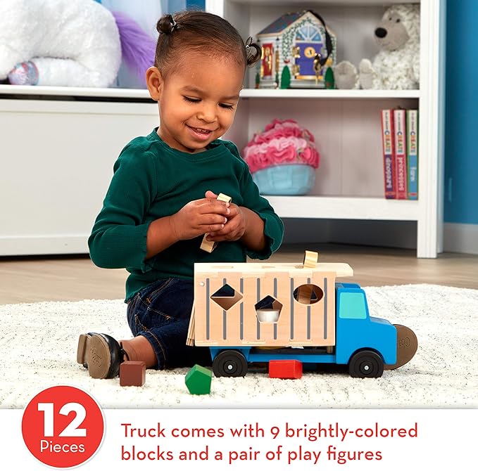 Melissa & Doug Shape-Sorting Dump Truck Wooden Toy with 9 Blocks and 2 Toy Figures - Montessori Toys and Toddler Toys for Preschool Learning Activities
