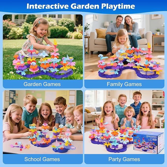 Ocean Flower Garden Building Toy for Toddlers 3-7 Years Old - Educational STEM Gifts for Girls Age 3 4 5 6 7, DIY Kids Sea Animal Coral Stacking Set, 120+ PCS Preschool Learning Activity Kit
