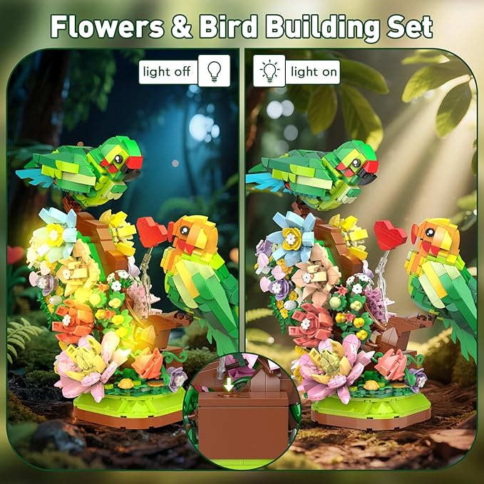 Flowers & Love Bird Building Set for Adults, Flower Parrot Botanicals Decor Model Kit with LED, Animal Toys Gifts Ideas for Kids Girls Boys Age 8+ (1050 PCS)