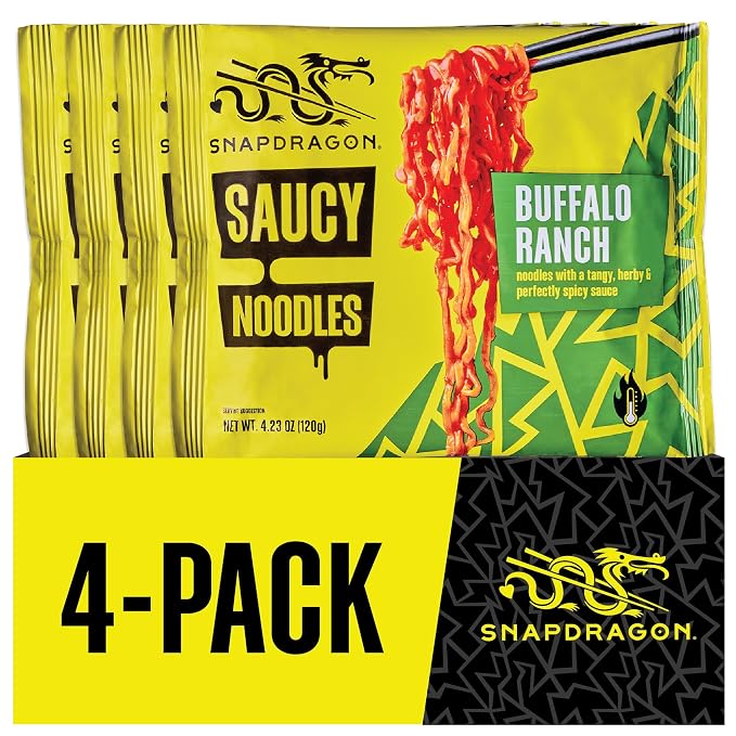 Snapdragon Saucy Instant Noodles with Spicy Buffalo Ranch Slurpable Sauce - Quick Meal, Snack, and Lunch. 4-Pack Microwave Noodles for Cup, Bowl, Ramen or Asian Stir Fry