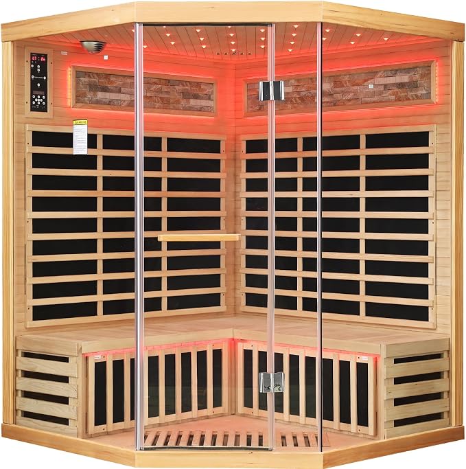 Infrared Sauna for 4-5 Person Canadian Hemlock Far Infrared Saunas Low-EMF Home Indoor Dry Saunas with Red Light Therapy 7 Color Ceiling Lights Fast Heating Easy Assembly 59 * 59 * 74.8"