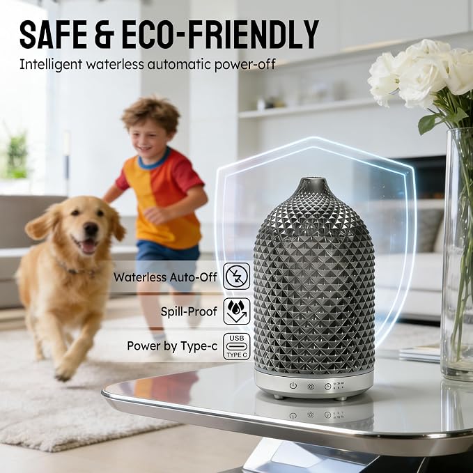 Essential Oil Diffuser 150ml, Glass Diffuser with Ultrasonic Small Humidifier, 7 Color Lights, 1/2/4H Timer, Quiet Auto Shut-Off Oil Diffuser for Bedroom, Home, Office (Silvery)