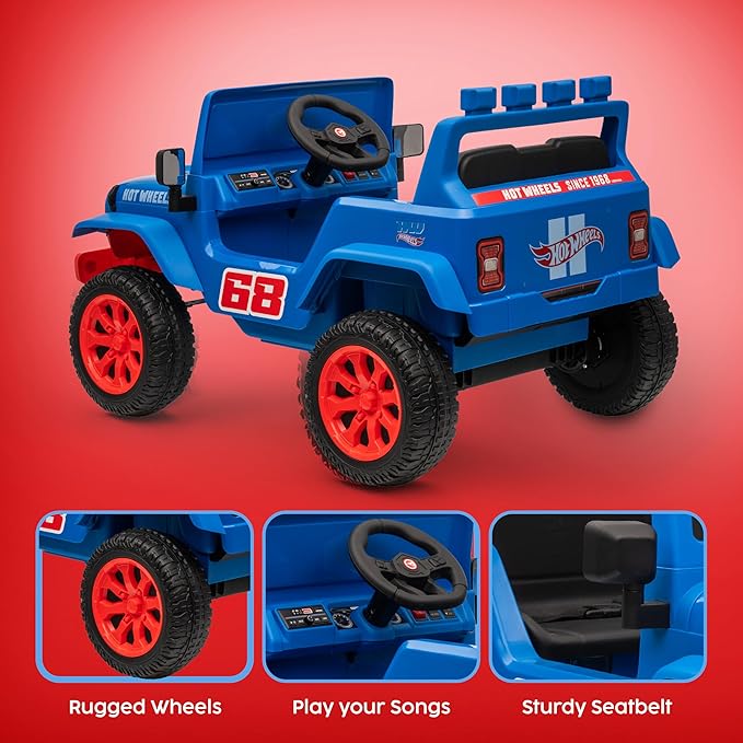 Hot Wheels - 12V Kids Ride On Jeep with Rechargeable Battery, LED Headlights, Press-Button Start, Durable Wheels, Forward & Reverse Drive, Contoured Seat