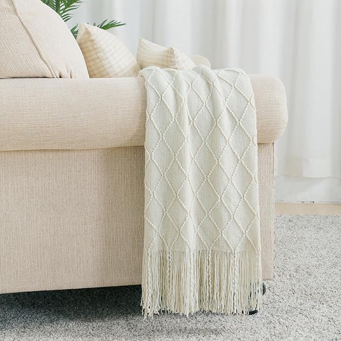 BOURINA Beige Throw Blanket 50x90 Inch Boho Knitted Soft Throw Sofa Blanket | Knitted Throw Blanket 50x90 Inches, Soft Lightweight Boho Weave Throw Decorative Couch Blanket for Living Room Bed Runner
