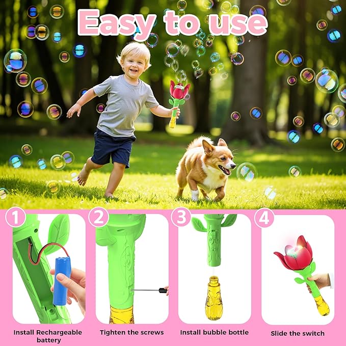 Bubble Wand Blower for Kids Handheld Lotus Bubble Wand Automatic Bubble Machine with Battery/Light/10000+Bubbles/Bubble Solution Bubble Toy for Girl Boys Party Weddings Outdoor Indoor (Red-3099)