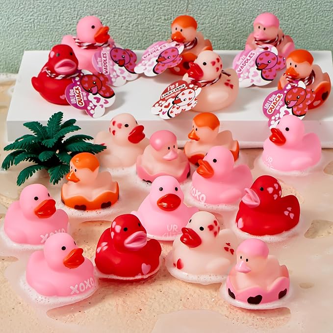 JOYIN 24 Pcs Valentine’s Day Gift Cards with Rubber Duck for Kids,Mini Rubber Duck Bath Toys for Classroom Exchange Prizes, Valentine Party Favors Toys
