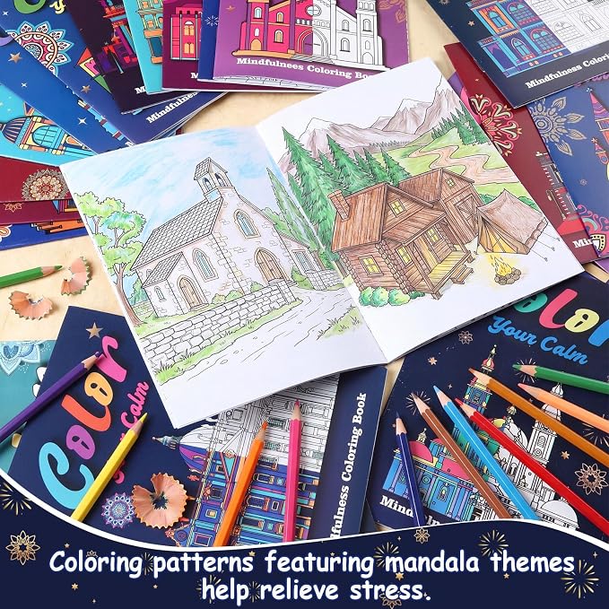 Liliful 144 Pcs Architectural Mandala Coloring Book Bulk 5 x 7 Inch Landmark & Building Themed Mindfulness Coloring Books for Stress Relief, Party Favors & Adult Gifting