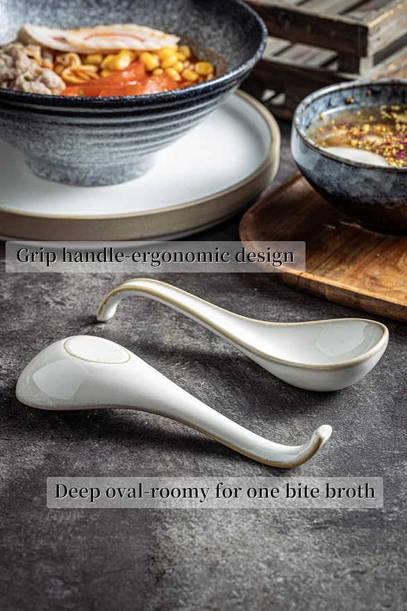 LYEOBOH Asian Soup Spoons, 6.5 inch Ceramic Soup Spoon Set of 6, Dinner Spoons with Deep Hook for Home, Kitchen, Dishwasher & Microwave Safe, Farmhouse Style, Beige