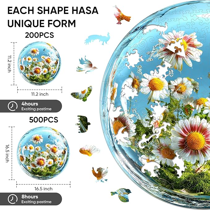 Ixfyloop Wooden Puzzles for Adults Wood Puzzles Adult Daisy Puzzle Wood Puzzles for Adults Wooden, Flower Puzzle Adult Wooden Puzzles,Unique Design Birthday Gift 200 Pieces 11.2 X11.2 Inch