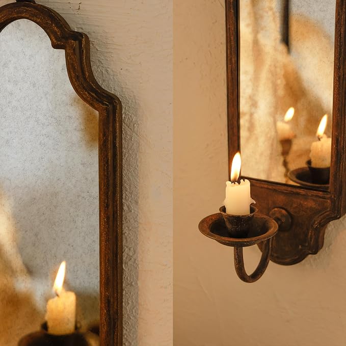 SOFFEE DESIGN Mirrored Wall Candle Holder - Antique Copper Sconce for Taper Candles, Elegant Hanging Decor
